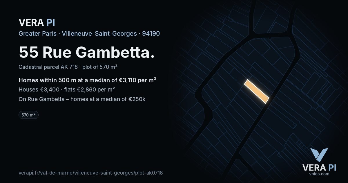 55 Rue Gambetta, Villeneuve-Saint-Georges at night – the plot lit, the parcels around coloured by the prices near them