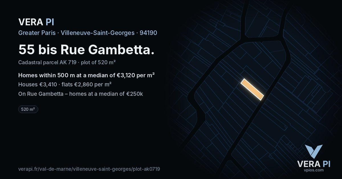 55 bis Rue Gambetta, Villeneuve-Saint-Georges at night – the plot lit, the parcels around coloured by the prices near them