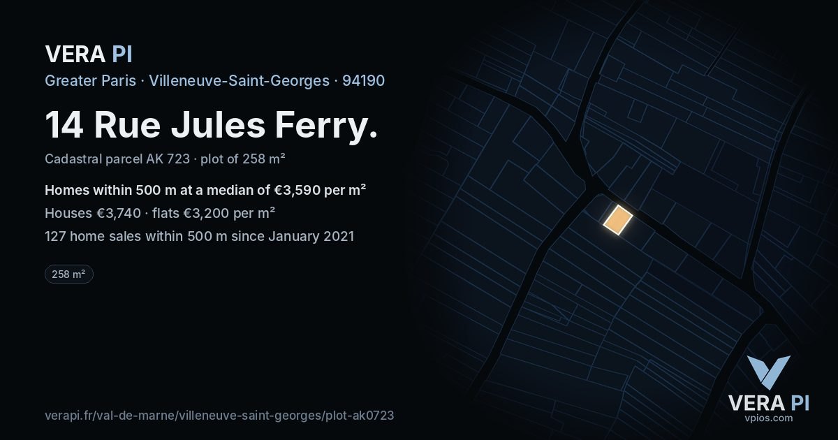 14 Rue Jules Ferry, Villeneuve-Saint-Georges at night – the plot lit, the parcels around coloured by the prices near them