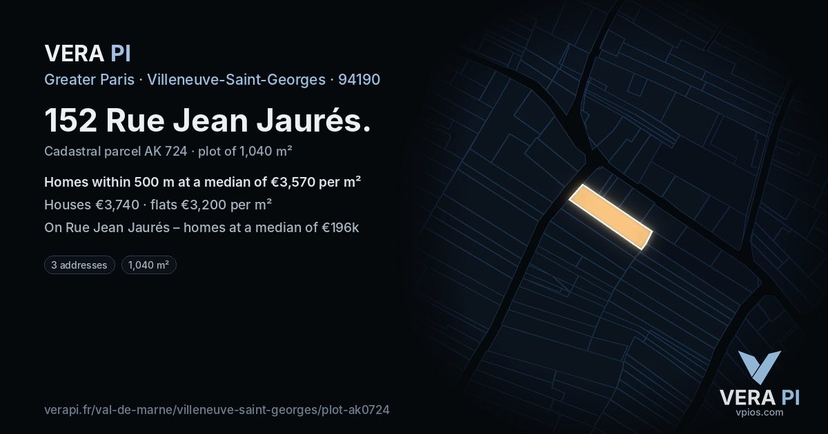 152 Rue Jean Jaurés, Villeneuve-Saint-Georges at night – the plot lit, the parcels around coloured by the prices near them