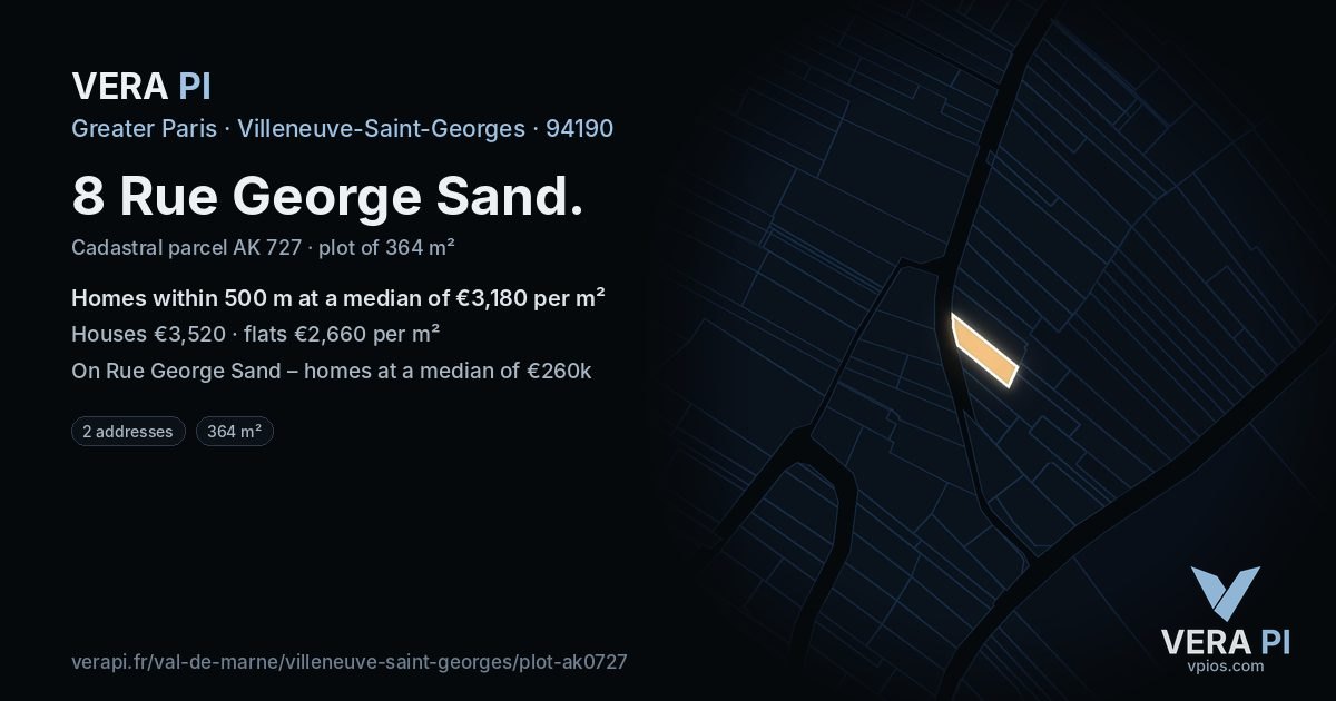 8 Rue George Sand, Villeneuve-Saint-Georges at night – the plot lit, the parcels around coloured by the prices near them