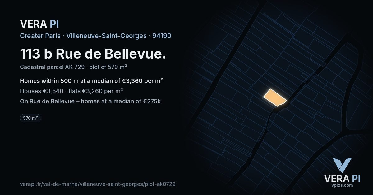 113 b Rue de Bellevue, Villeneuve-Saint-Georges at night – the plot lit, the parcels around coloured by the prices near them