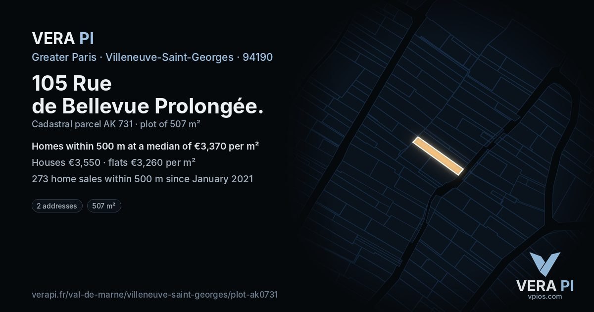 105 Rue de Bellevue Prolongée, Villeneuve-Saint-Georges at night – the plot lit, the parcels around coloured by the prices near them
