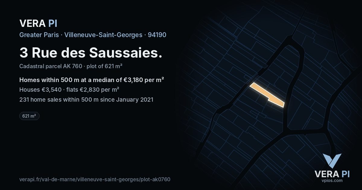 3 Rue des Saussaies, Villeneuve-Saint-Georges at night – the plot lit, the parcels around coloured by the prices near them