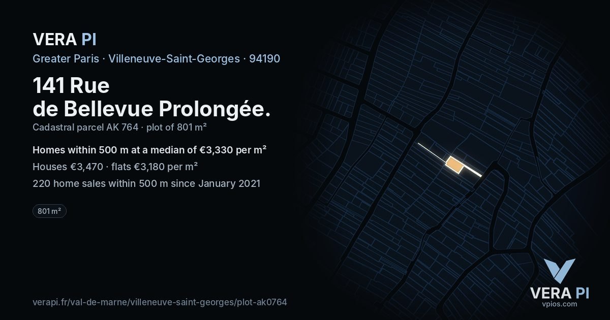 141 Rue de Bellevue Prolongée, Villeneuve-Saint-Georges at night – the plot lit, the parcels around coloured by the prices near them