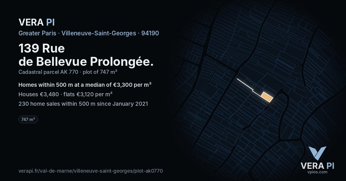 139 Rue de Bellevue Prolongée, Villeneuve-Saint-Georges at night – the plot lit, the parcels around coloured by the prices near them