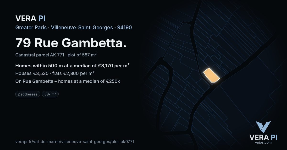 79 Rue Gambetta, Villeneuve-Saint-Georges at night – the plot lit, the parcels around coloured by the prices near them