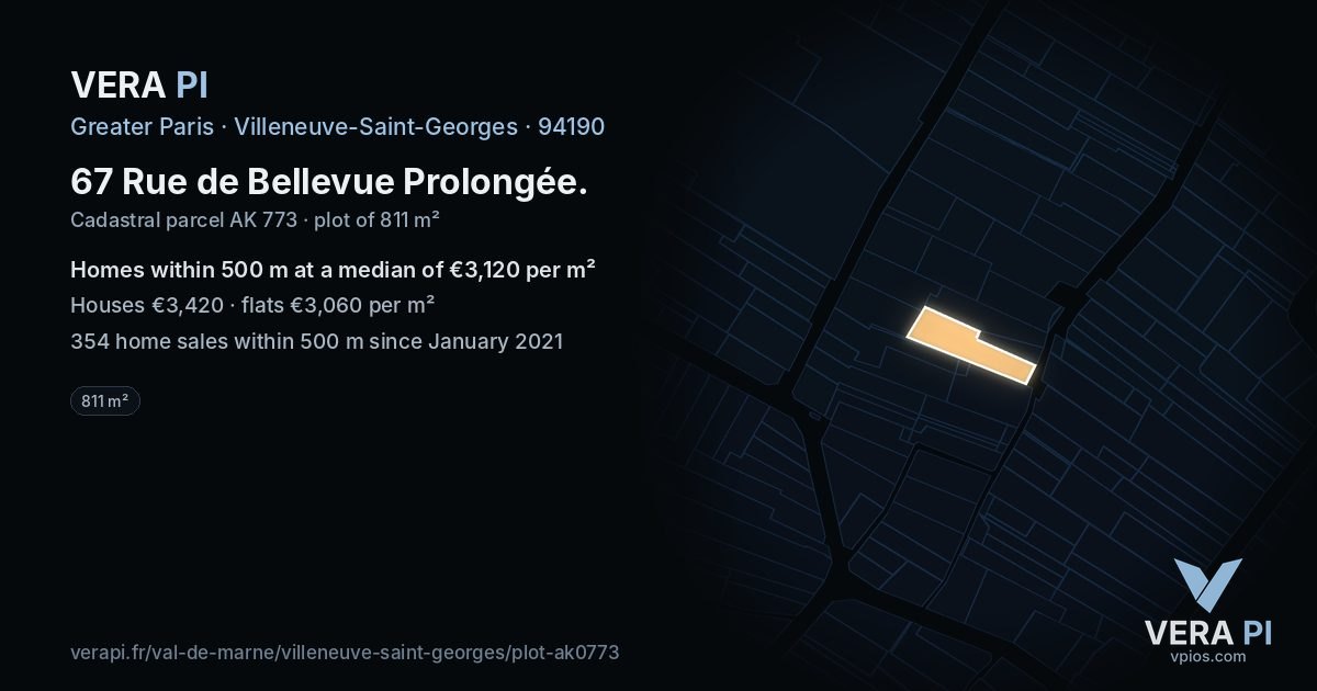 67 Rue de Bellevue Prolongée, Villeneuve-Saint-Georges at night – the plot lit, the parcels around coloured by the prices near them
