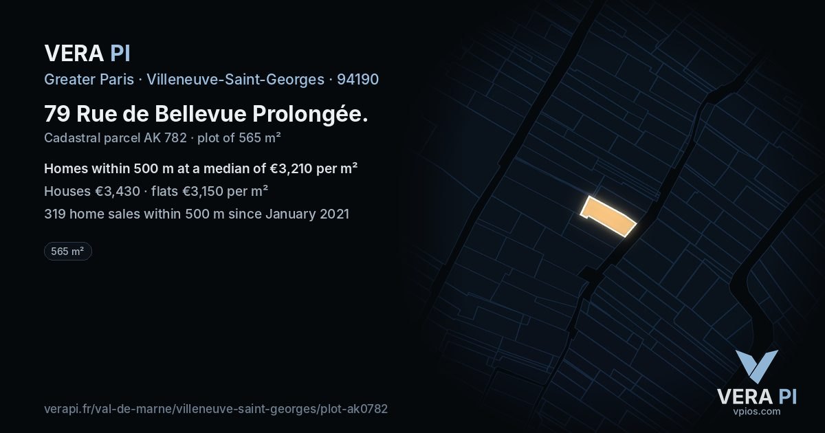 79 Rue de Bellevue Prolongée, Villeneuve-Saint-Georges at night – the plot lit, the parcels around coloured by the prices near them
