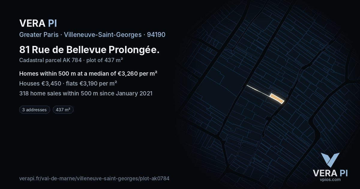 81 Rue de Bellevue Prolongée, Villeneuve-Saint-Georges at night – the plot lit, the parcels around coloured by the prices near them