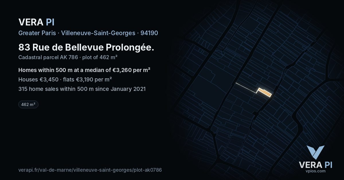 83 Rue de Bellevue Prolongée, Villeneuve-Saint-Georges at night – the plot lit, the parcels around coloured by the prices near them