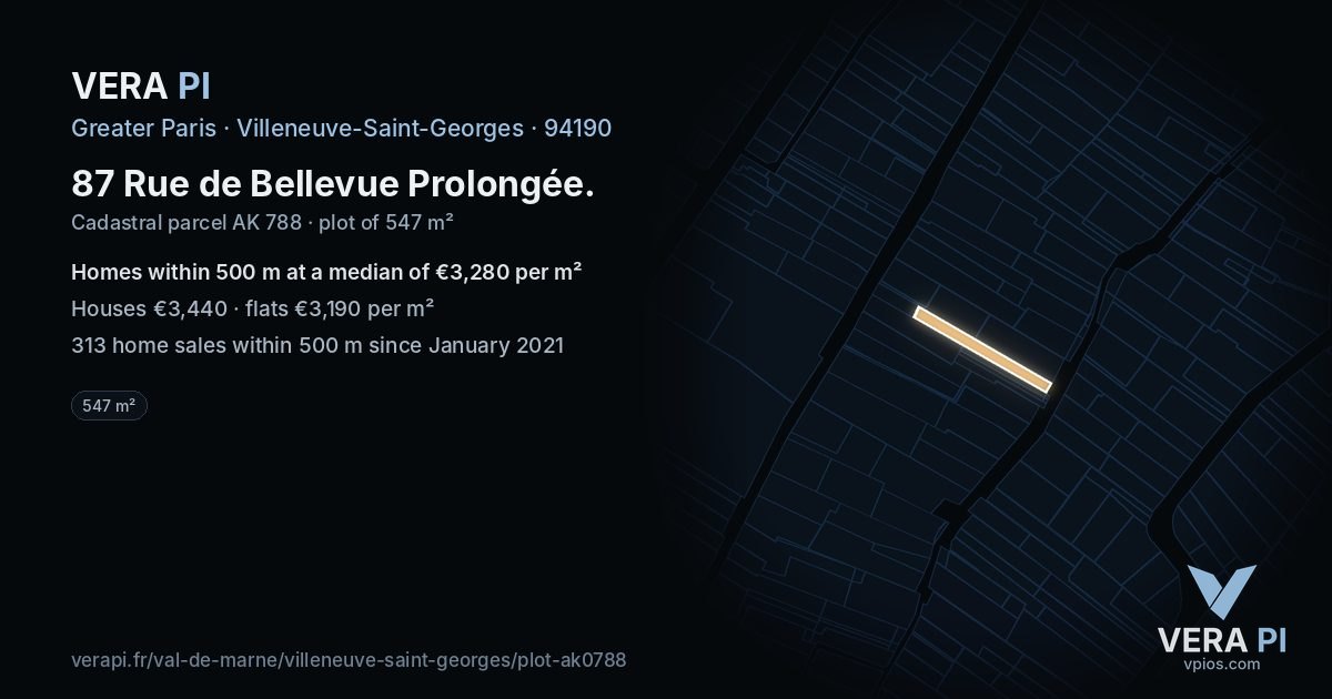 87 Rue de Bellevue Prolongée, Villeneuve-Saint-Georges at night – the plot lit, the parcels around coloured by the prices near them