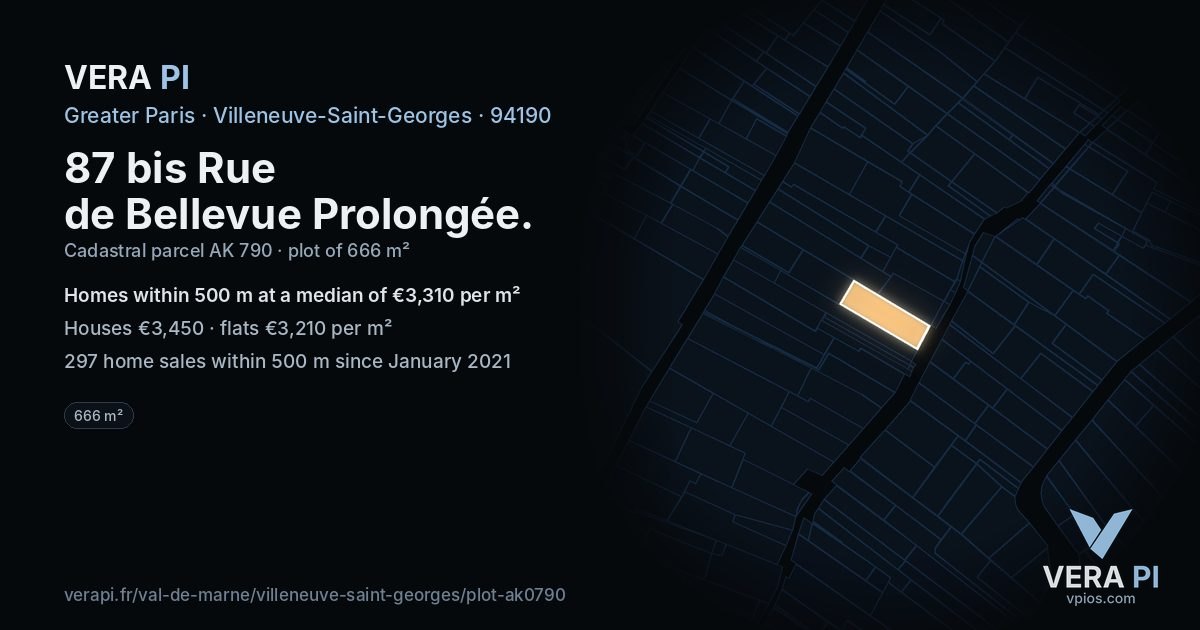 87 bis Rue de Bellevue Prolongée, Villeneuve-Saint-Georges at night – the plot lit, the parcels around coloured by the prices near them