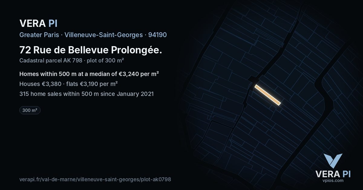 72 Rue de Bellevue Prolongée, Villeneuve-Saint-Georges at night – the plot lit, the parcels around coloured by the prices near them