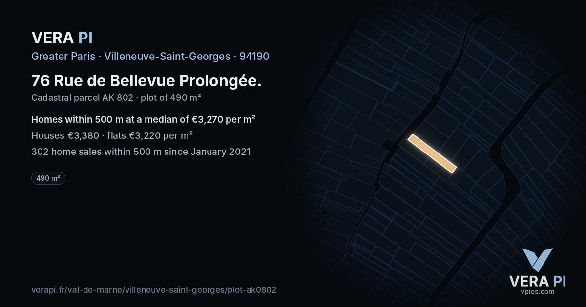 76 Rue de Bellevue Prolongée, Villeneuve-Saint-Georges at night – the plot lit, the parcels around coloured by the prices near them