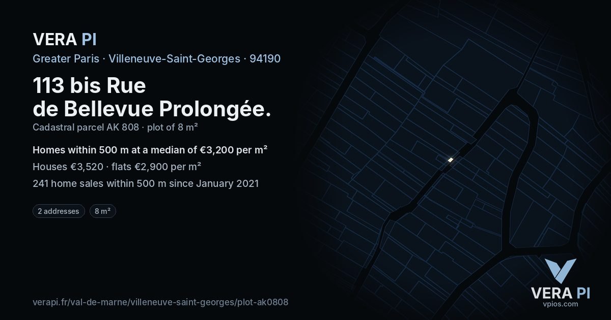 113 bis Rue de Bellevue Prolongée, Villeneuve-Saint-Georges at night – the plot lit, the parcels around coloured by the prices near them