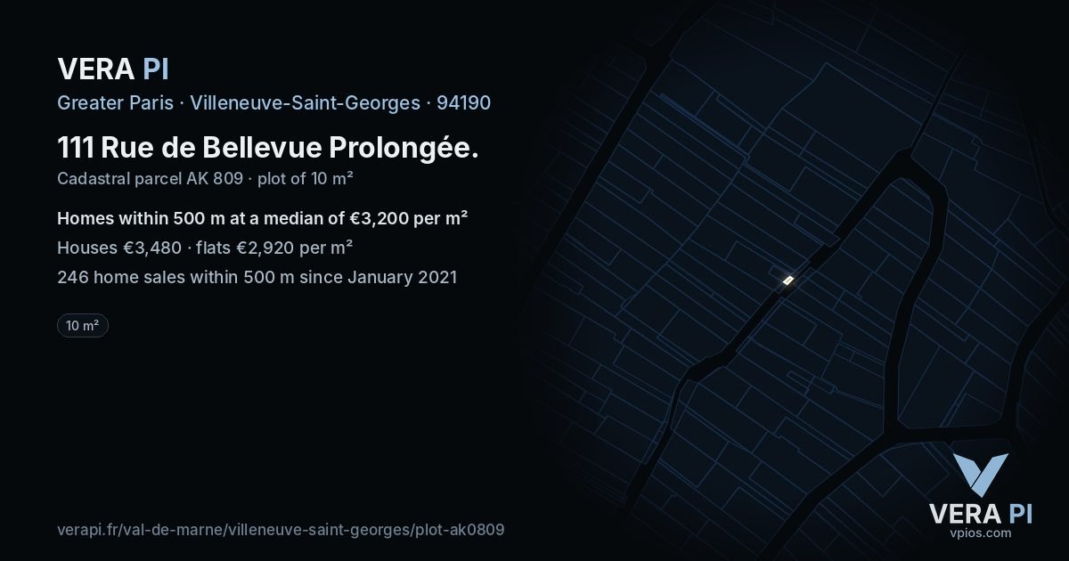 111 Rue de Bellevue Prolongée, Villeneuve-Saint-Georges at night – the plot lit, the parcels around coloured by the prices near them