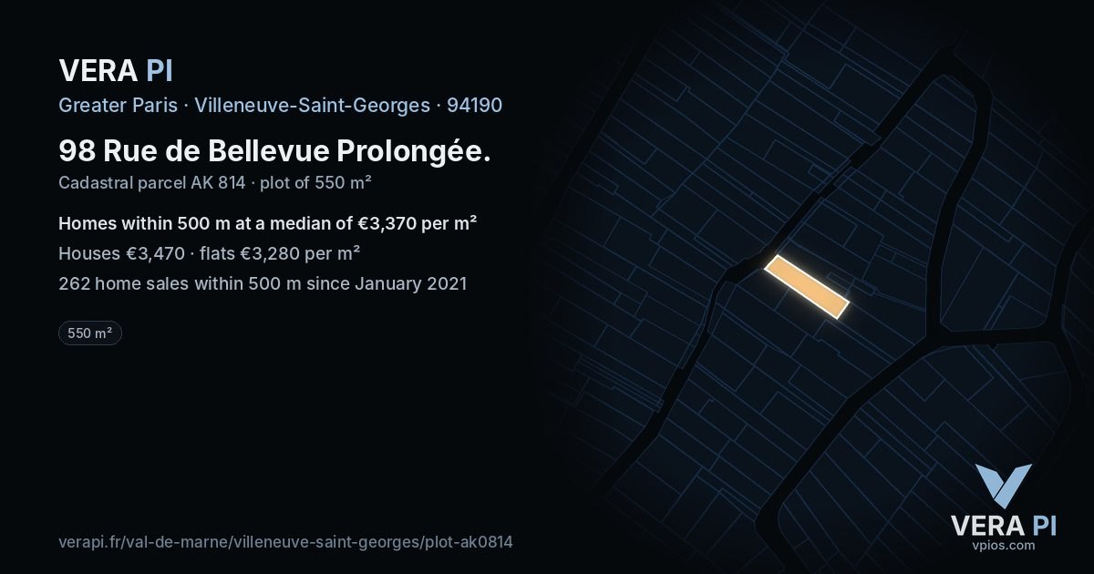 98 Rue de Bellevue Prolongée, Villeneuve-Saint-Georges at night – the plot lit, the parcels around coloured by the prices near them
