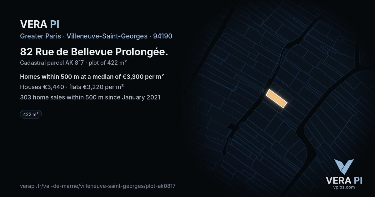 82 Rue de Bellevue Prolongée, Villeneuve-Saint-Georges at night – the plot lit, the parcels around coloured by the prices near them