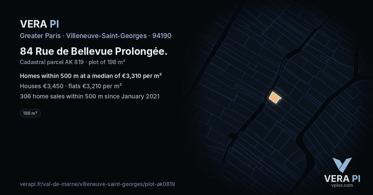 84 Rue de Bellevue Prolongée, Villeneuve-Saint-Georges at night – the plot lit, the parcels around coloured by the prices near them