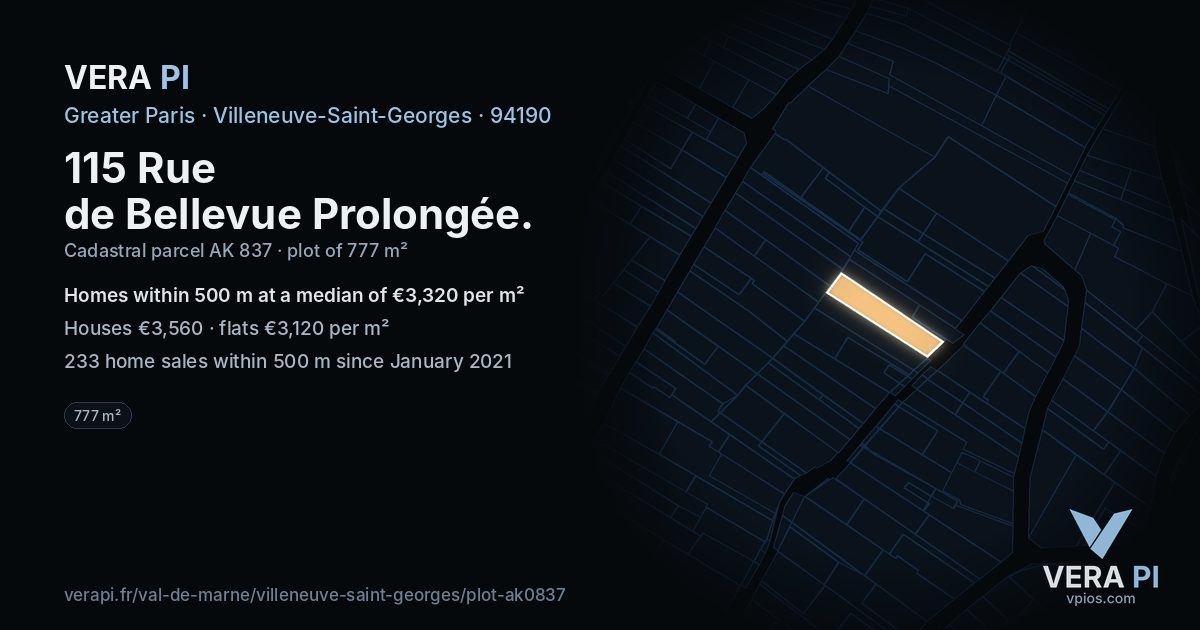 115 Rue de Bellevue Prolongée, Villeneuve-Saint-Georges at night – the plot lit, the parcels around coloured by the prices near them