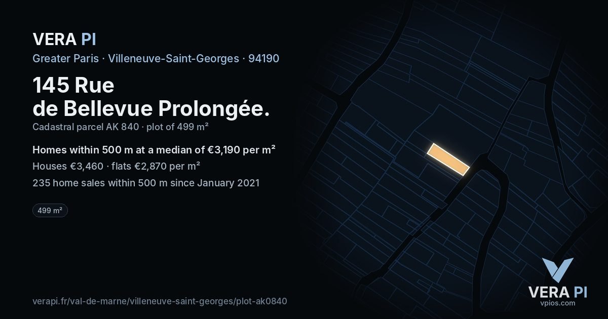 145 Rue de Bellevue Prolongée, Villeneuve-Saint-Georges at night – the plot lit, the parcels around coloured by the prices near them