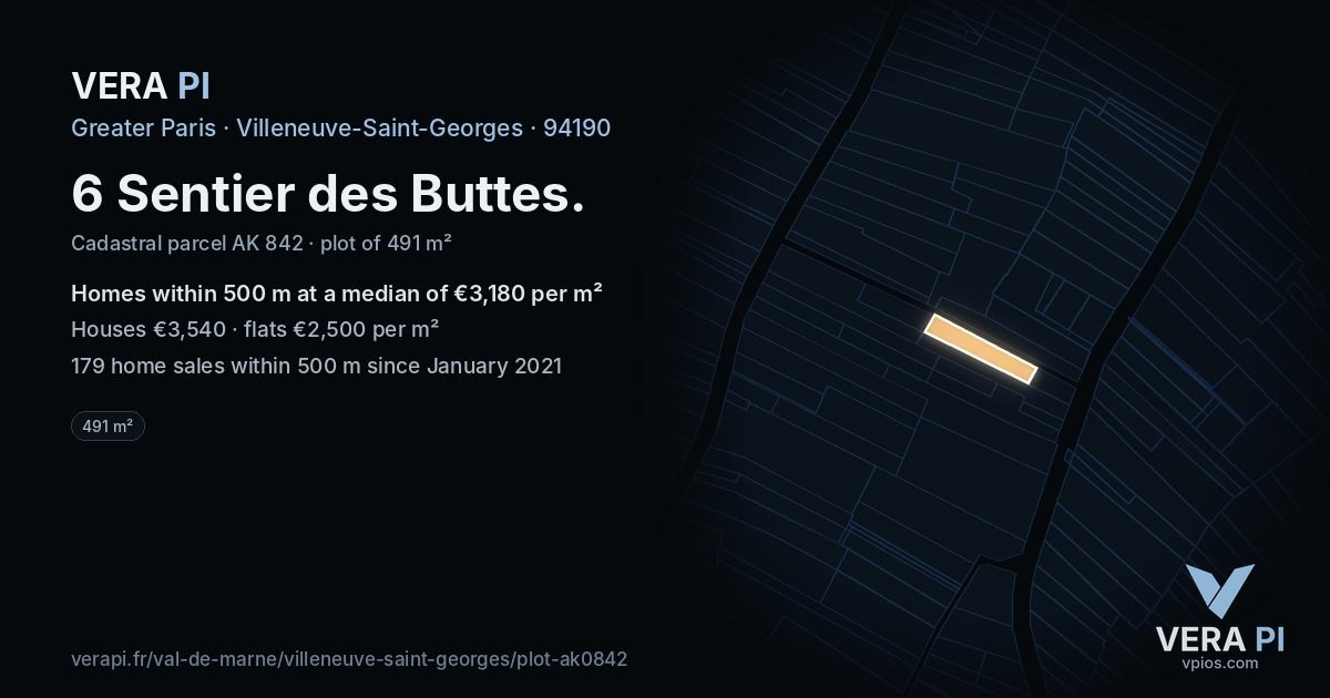 6 Sentier des Buttes, Villeneuve-Saint-Georges at night – the plot lit, the parcels around coloured by the prices near them