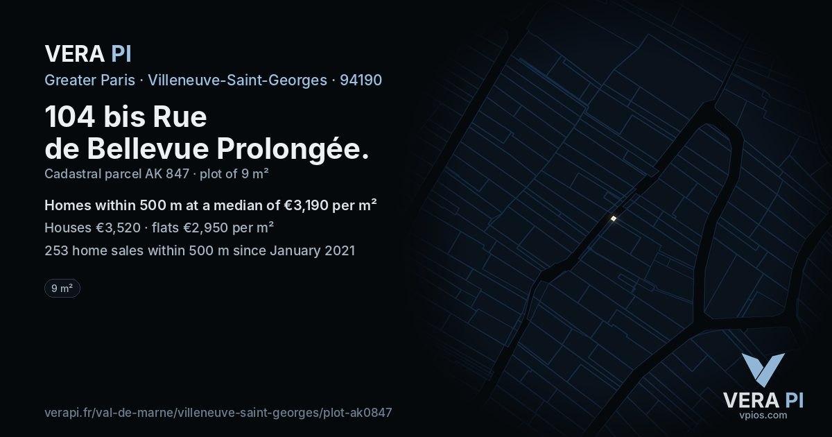 104 bis Rue de Bellevue Prolongée, Villeneuve-Saint-Georges at night – the plot lit, the parcels around coloured by the prices near them