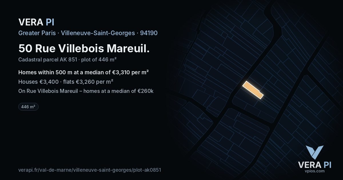 50 Rue Villebois Mareuil, Villeneuve-Saint-Georges at night – the plot lit, the parcels around coloured by the prices near them