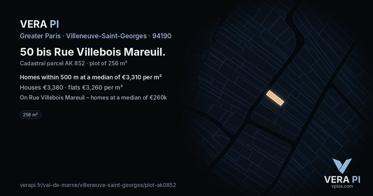 50 bis Rue Villebois Mareuil, Villeneuve-Saint-Georges at night – the plot lit, the parcels around coloured by the prices near them