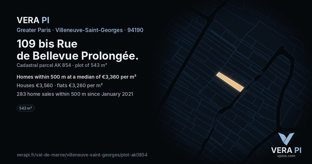 109 bis Rue de Bellevue Prolongée, Villeneuve-Saint-Georges at night – the plot lit, the parcels around coloured by the prices near them
