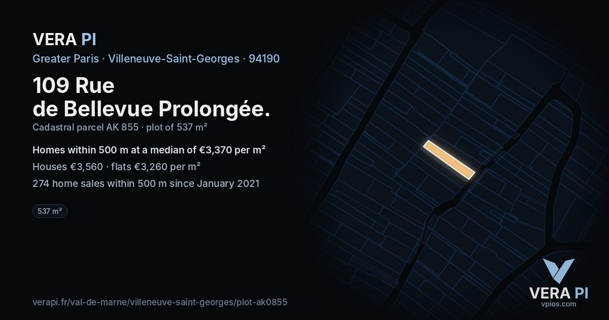109 Rue de Bellevue Prolongée, Villeneuve-Saint-Georges at night – the plot lit, the parcels around coloured by the prices near them