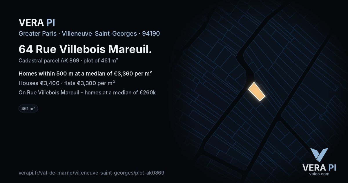 64 Rue Villebois Mareuil, Villeneuve-Saint-Georges at night – the plot lit, the parcels around coloured by the prices near them