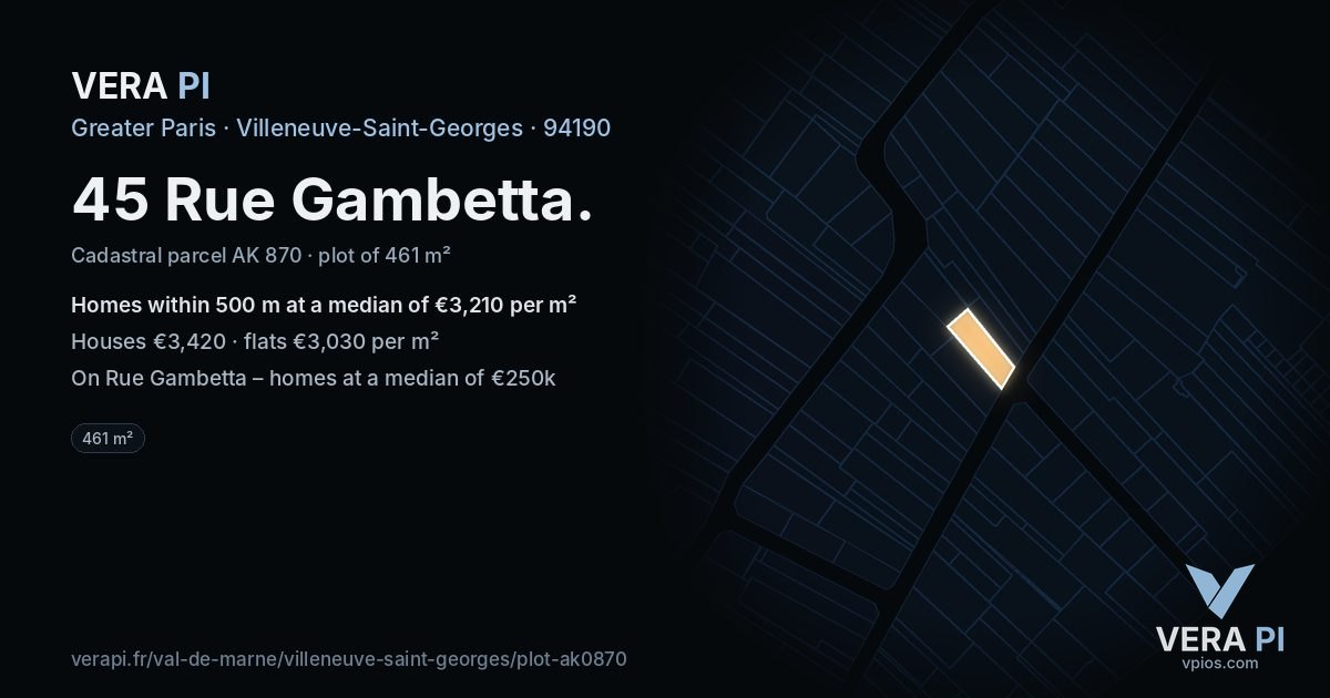 45 Rue Gambetta, Villeneuve-Saint-Georges at night – the plot lit, the parcels around coloured by the prices near them