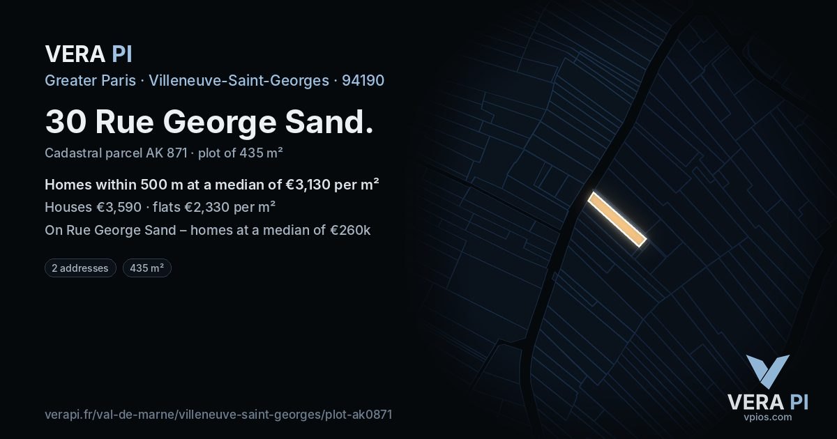 30 Rue George Sand, Villeneuve-Saint-Georges at night – the plot lit, the parcels around coloured by the prices near them