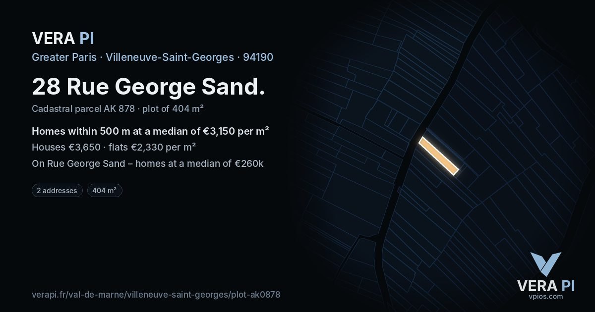 28 Rue George Sand, Villeneuve-Saint-Georges at night – the plot lit, the parcels around coloured by the prices near them
