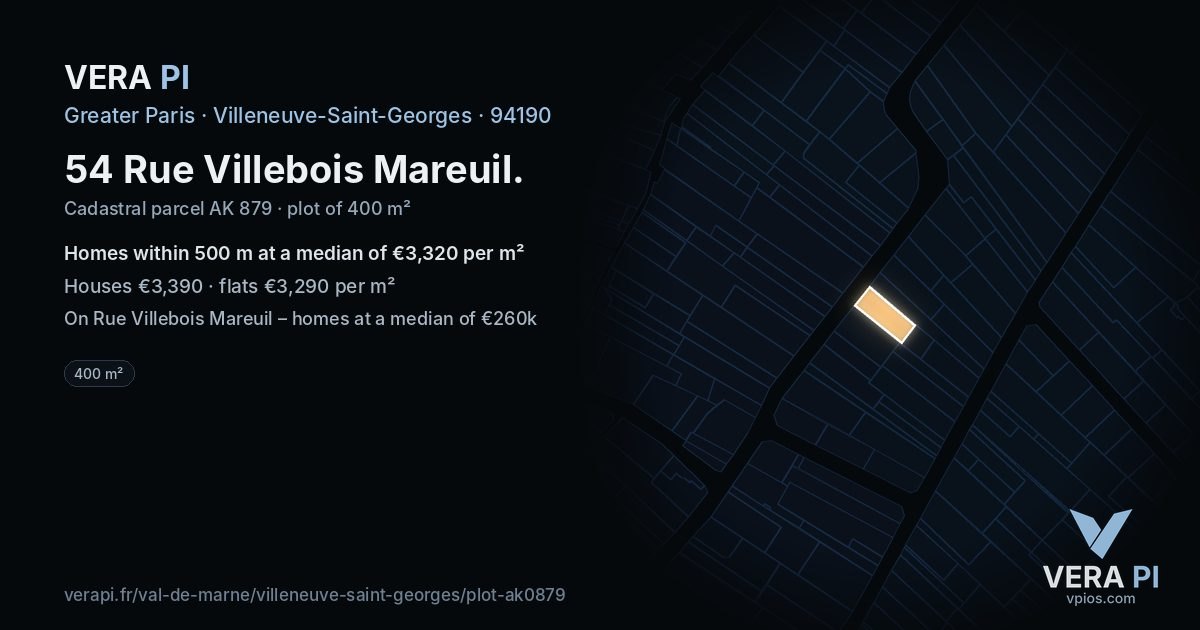 54 Rue Villebois Mareuil, Villeneuve-Saint-Georges at night – the plot lit, the parcels around coloured by the prices near them