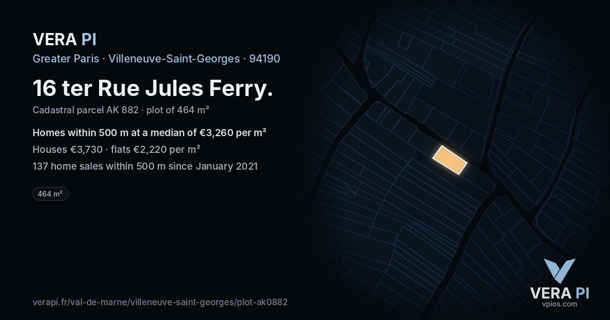 16 ter Rue Jules Ferry, Villeneuve-Saint-Georges at night – the plot lit, the parcels around coloured by the prices near them