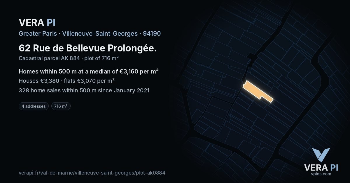 62 Rue de Bellevue Prolongée, Villeneuve-Saint-Georges at night – the plot lit, the parcels around coloured by the prices near them