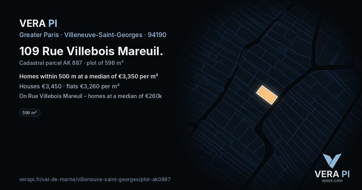 109 Rue Villebois Mareuil, Villeneuve-Saint-Georges at night – the plot lit, the parcels around coloured by the prices near them