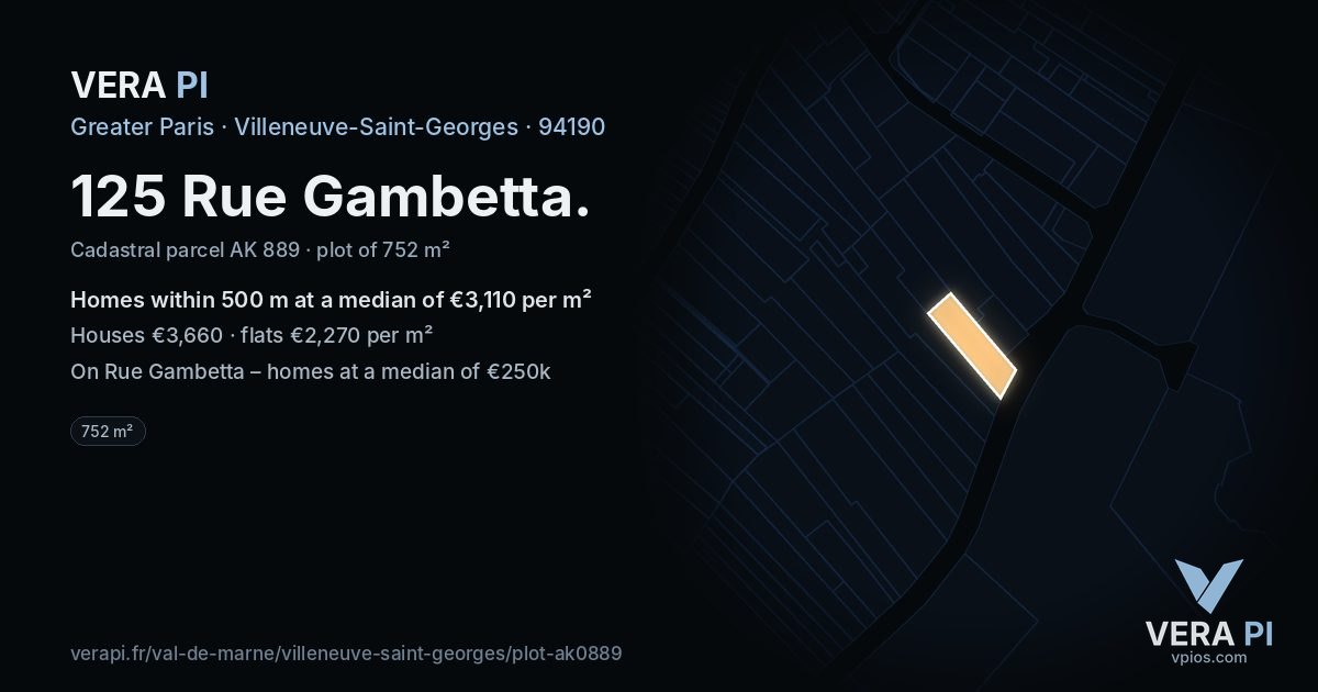 125 Rue Gambetta, Villeneuve-Saint-Georges at night – the plot lit, the parcels around coloured by the prices near them