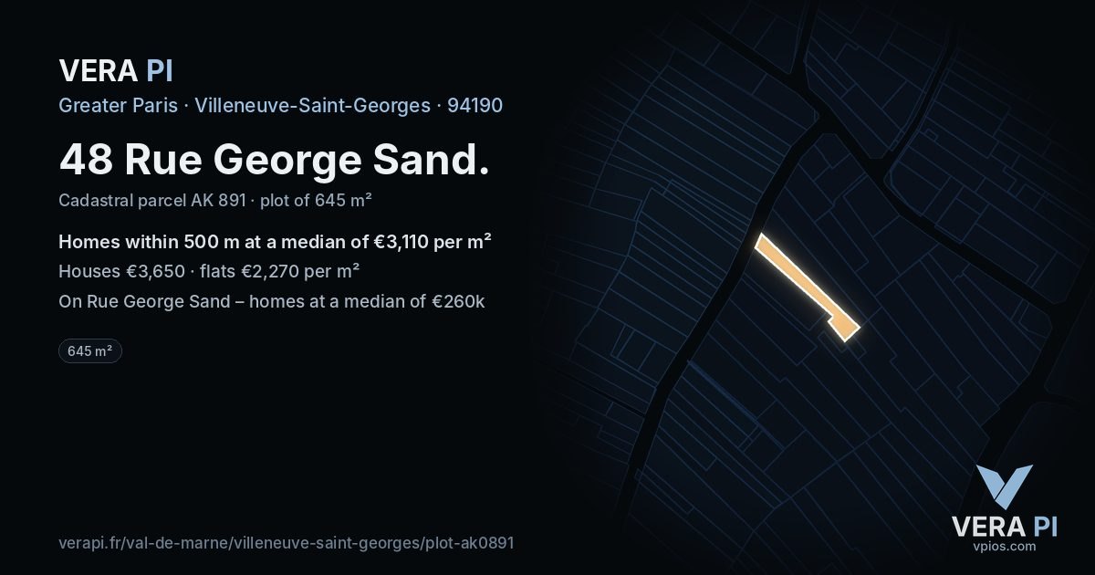 48 Rue George Sand, Villeneuve-Saint-Georges at night – the plot lit, the parcels around coloured by the prices near them