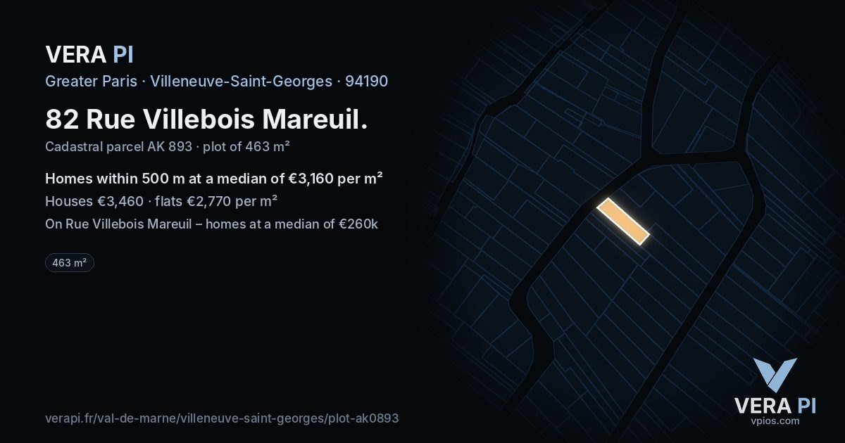 82 Rue Villebois Mareuil, Villeneuve-Saint-Georges at night – the plot lit, the parcels around coloured by the prices near them
