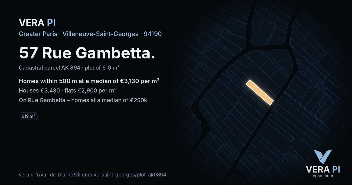57 Rue Gambetta, Villeneuve-Saint-Georges at night – the plot lit, the parcels around coloured by the prices near them