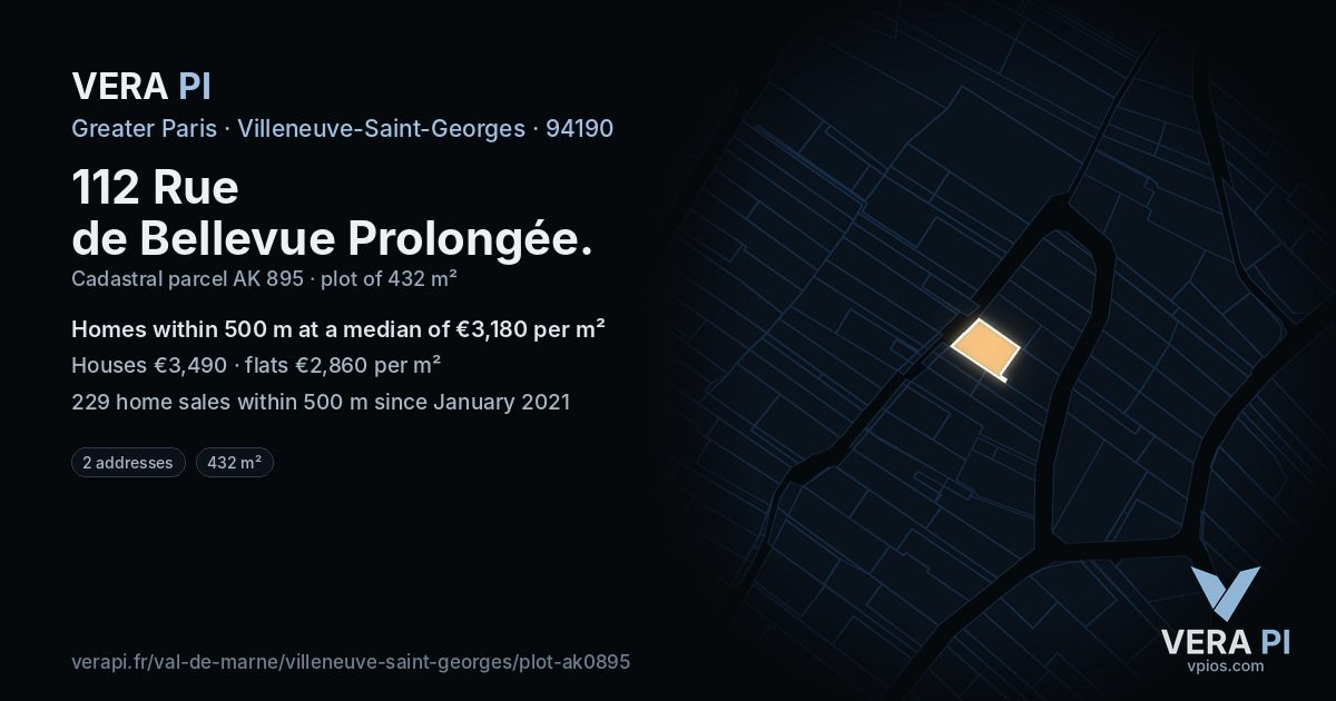112 Rue de Bellevue Prolongée, Villeneuve-Saint-Georges at night – the plot lit, the parcels around coloured by the prices near them