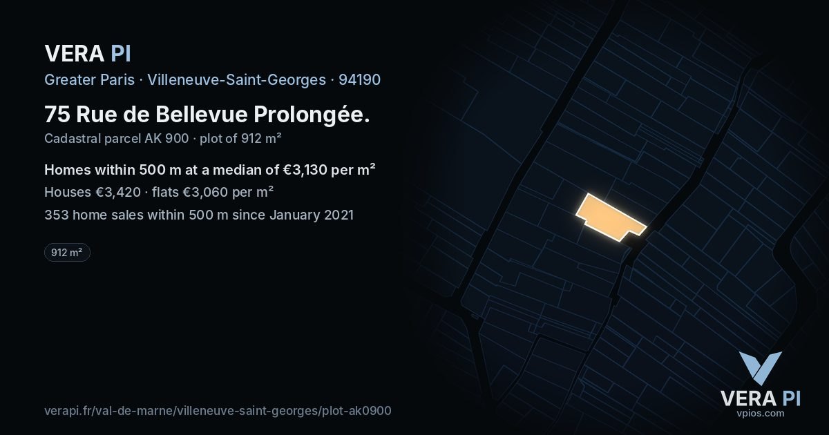 75 Rue de Bellevue Prolongée, Villeneuve-Saint-Georges at night – the plot lit, the parcels around coloured by the prices near them