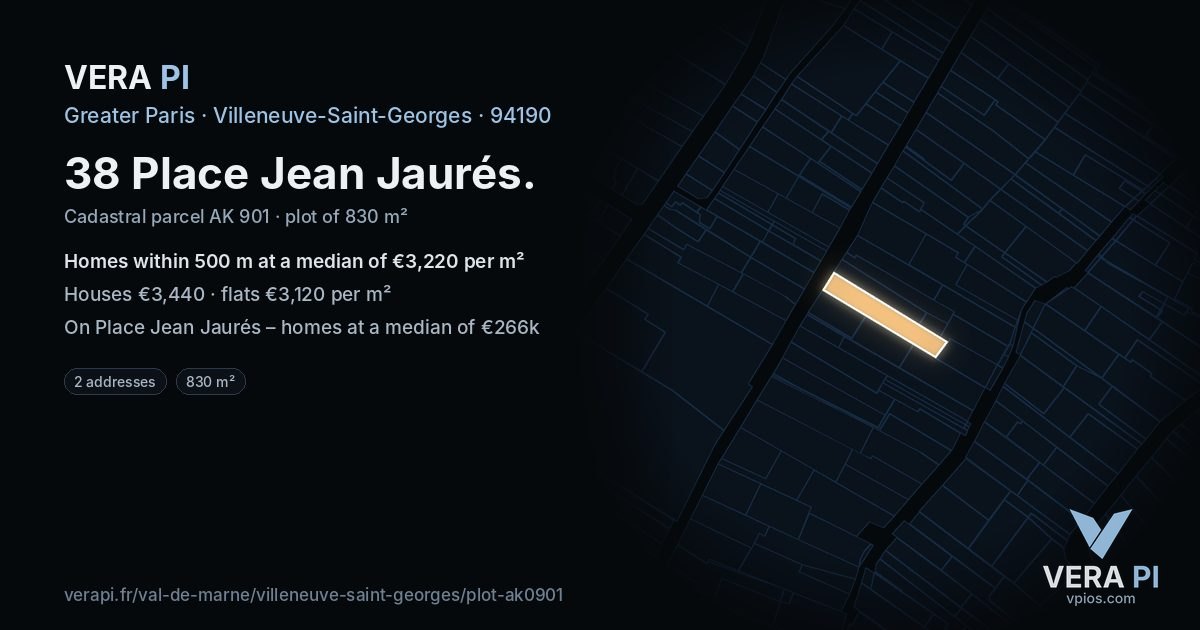 38 Place Jean Jaurés, Villeneuve-Saint-Georges at night – the plot lit, the parcels around coloured by the prices near them