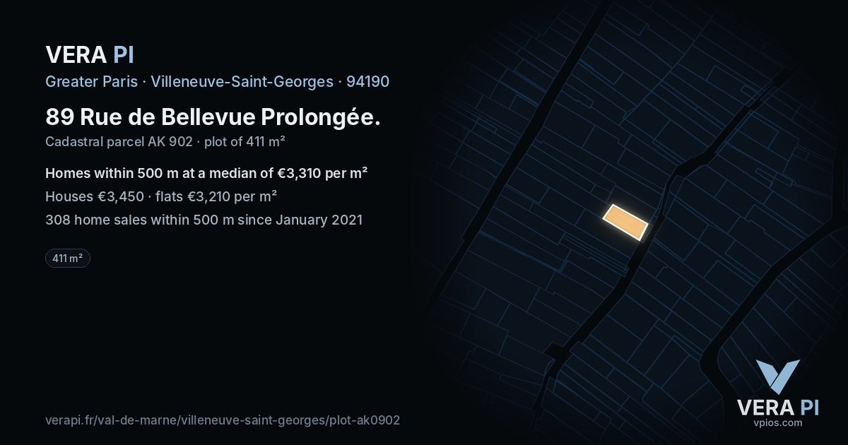 89 Rue de Bellevue Prolongée, Villeneuve-Saint-Georges at night – the plot lit, the parcels around coloured by the prices near them