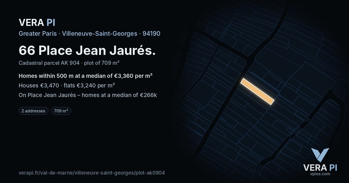 66 Place Jean Jaurés, Villeneuve-Saint-Georges at night – the plot lit, the parcels around coloured by the prices near them