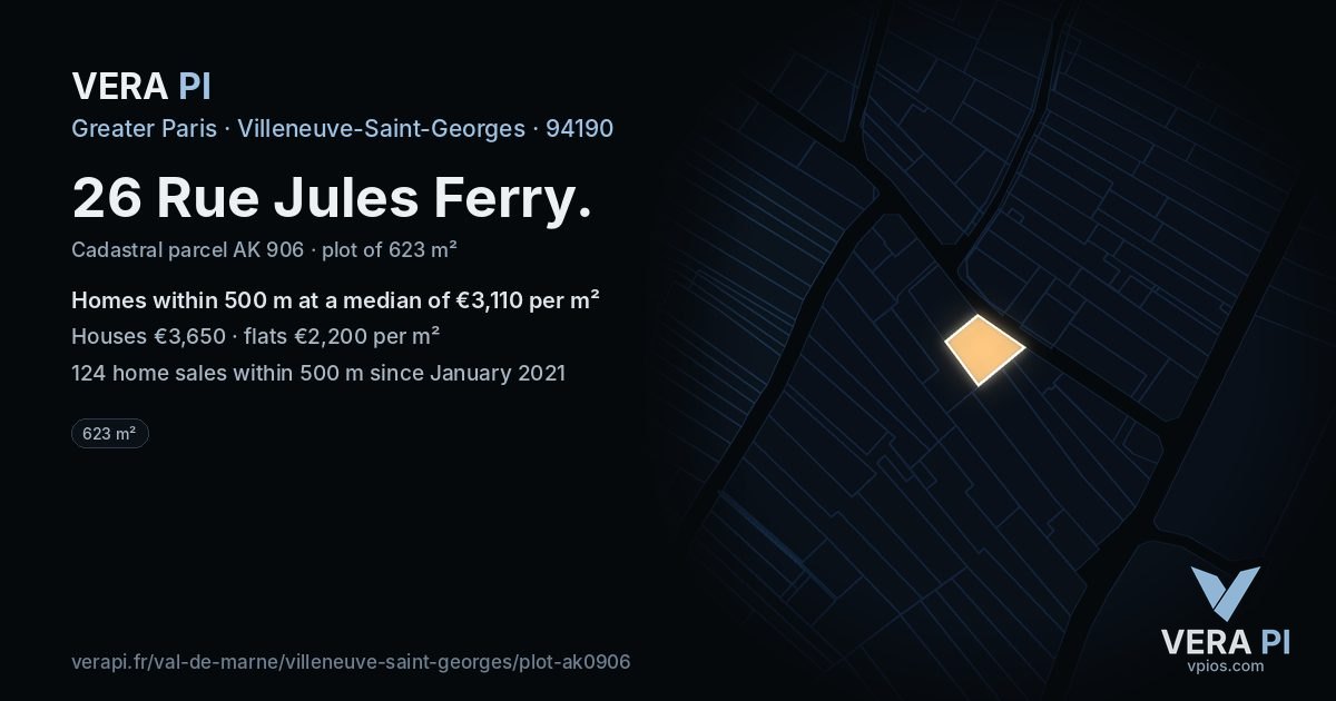 26 Rue Jules Ferry, Villeneuve-Saint-Georges at night – the plot lit, the parcels around coloured by the prices near them